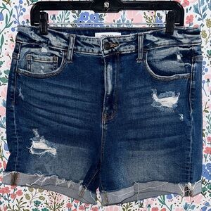 Zenana Outfitters Dark Blue Distressed Jean Shorts